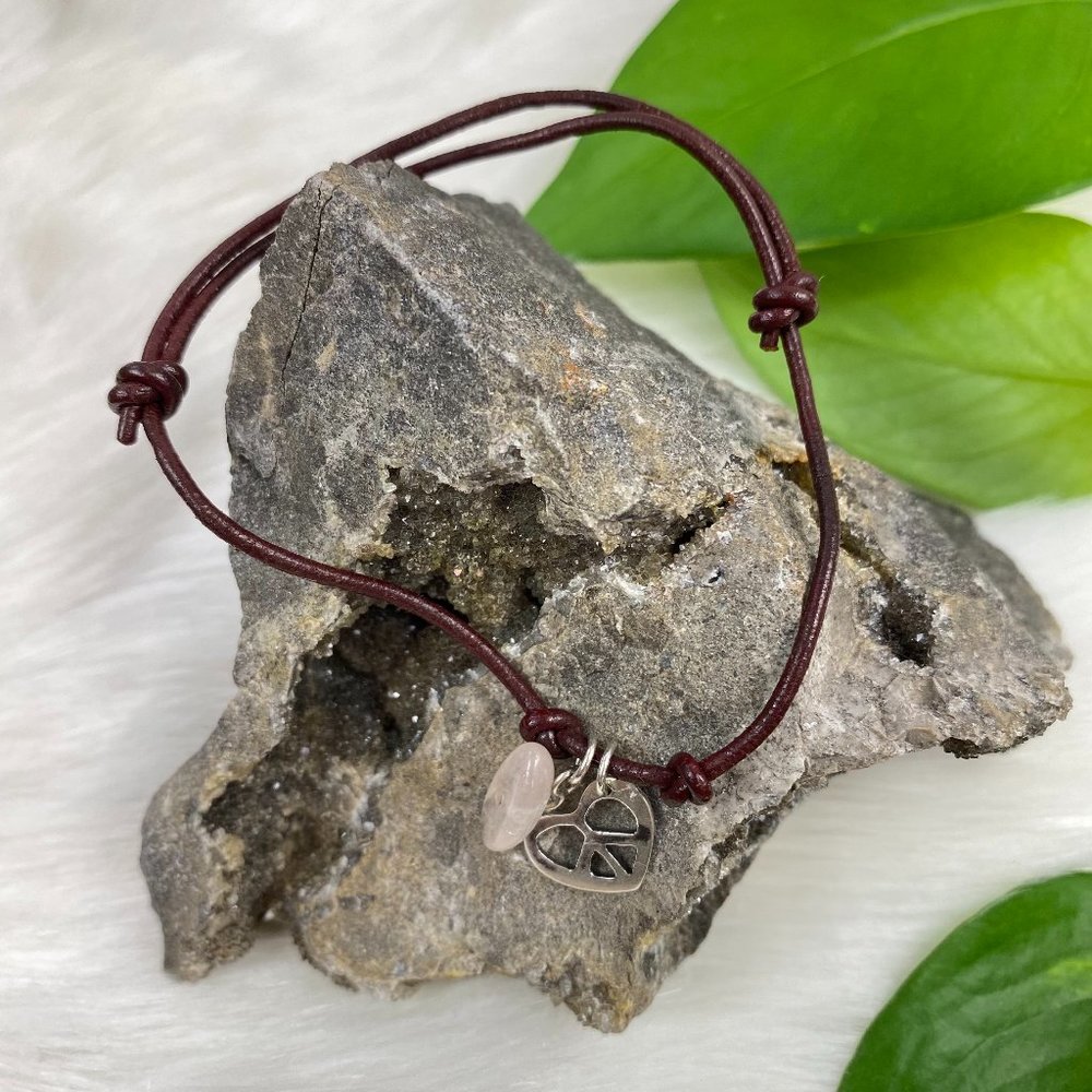 Adjustable Brown Leather Cord Bracelet Sterling Silver Heart Stone JCM 925 China